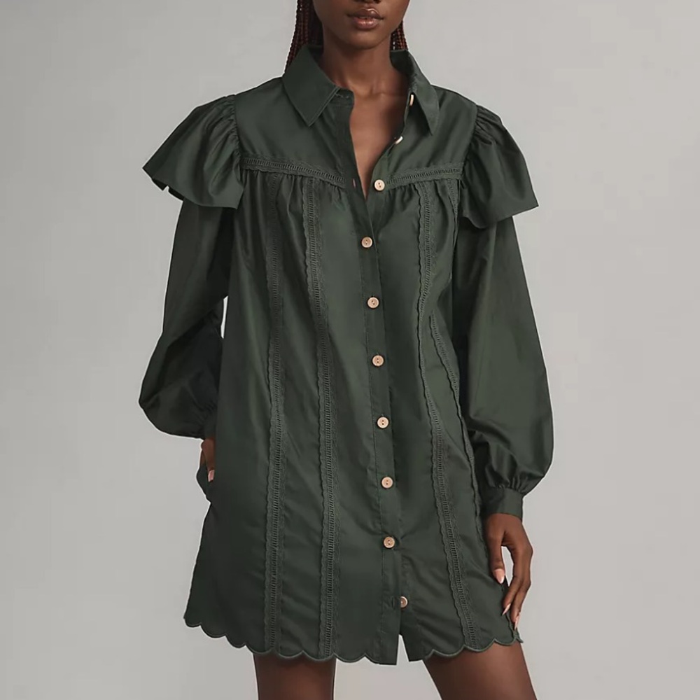 Farm Rio x Anthropologie Long-Sleeve Ruffle-Shoulder Shift Mini Dress ✨NWT